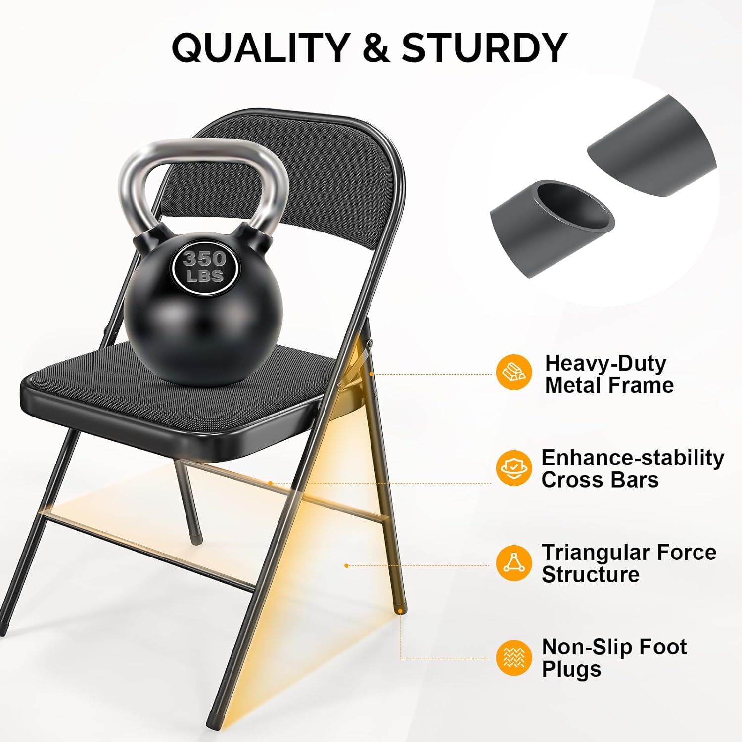 Bonnlo Folding Chair, Fabric Padded Folding Chairs with Cushion, Back and Steel Frame for Indoor Outdoor Outside Dinning Office Camping Use, Black, 6 Pack