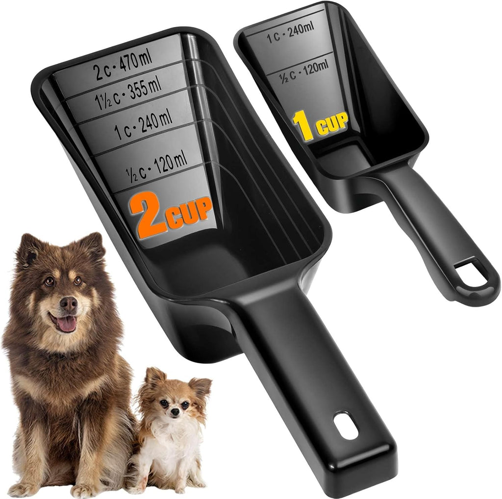 2-Pack Dog Food Scoop Set,1 Cup and 2 Cup Plastic Pet Food Measuring Scoops with Clear Measurement Lines,Multi-Purpose Pet Food Scooper for Dogs, Cats (Black)