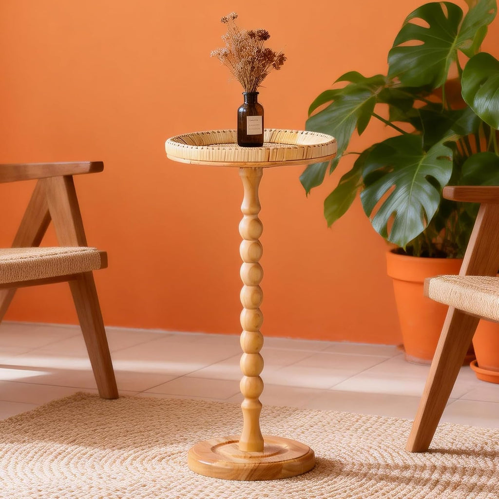 Solid Wood Round Side Table,mall Drink Table for Small Spaces,Round Side Table for Small Spaces, Boho Circle End Table Coffee Table with Solid Wood Leg for Living Room