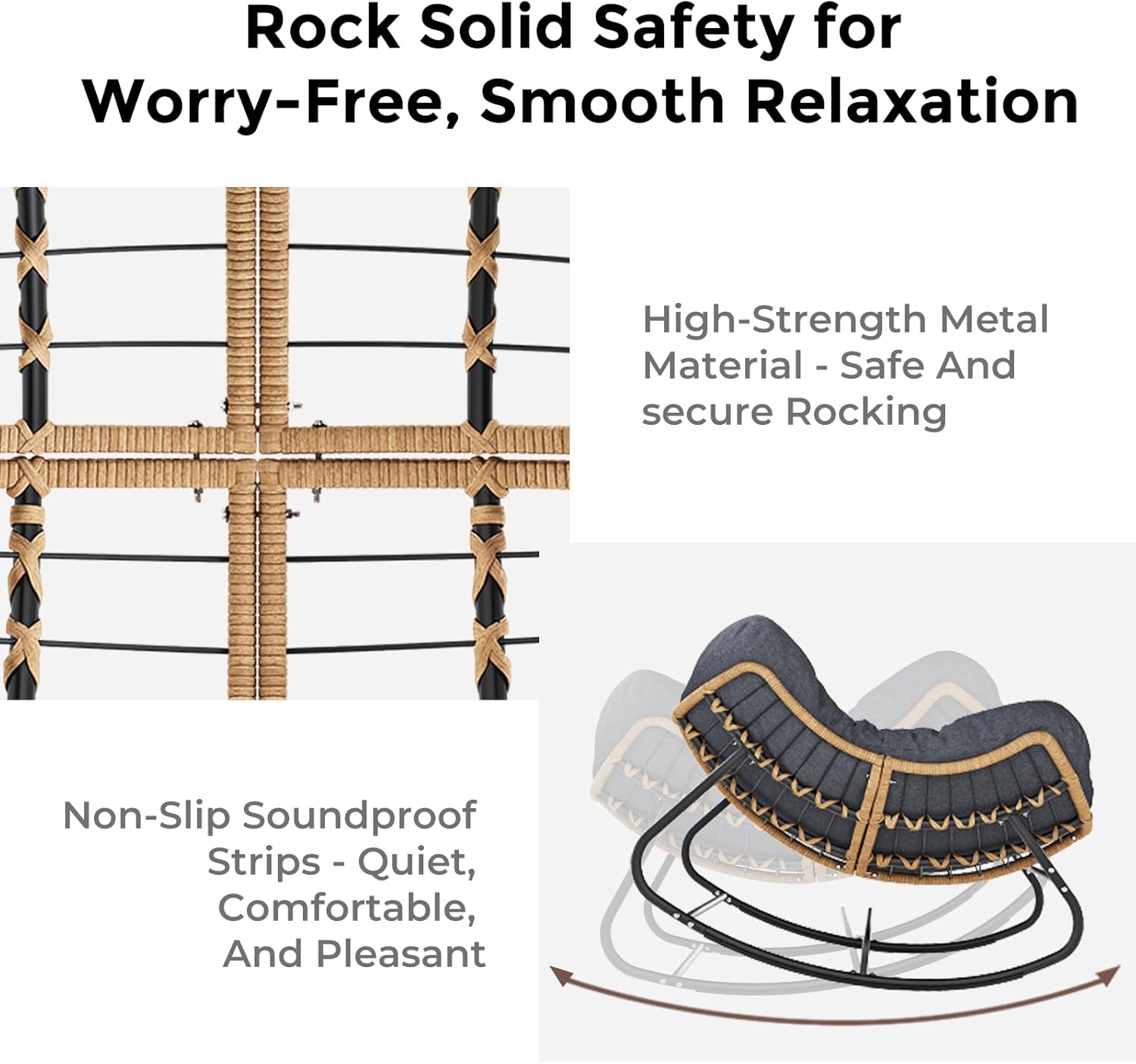 SWITTE Papasan Rocking Chair Outdoor, Oversized Patio Egg Chair with Thick Cushion, Indoor Wicker Lounge Rocker Bed for Balcony, Porch, Garden, Dark Gray