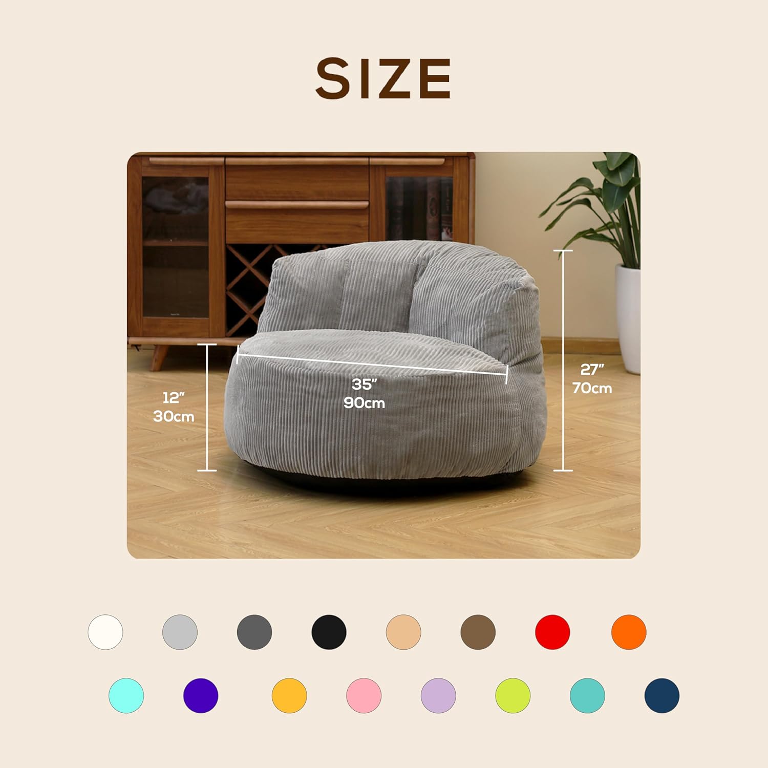 N&V Large Crescent Bean Bag Chair, Adult Size Bean Bag Sack, Foam Filling, Soft Premium Corduroy Bean Bag for Living Room Bedroom Dorm and Office (Black)