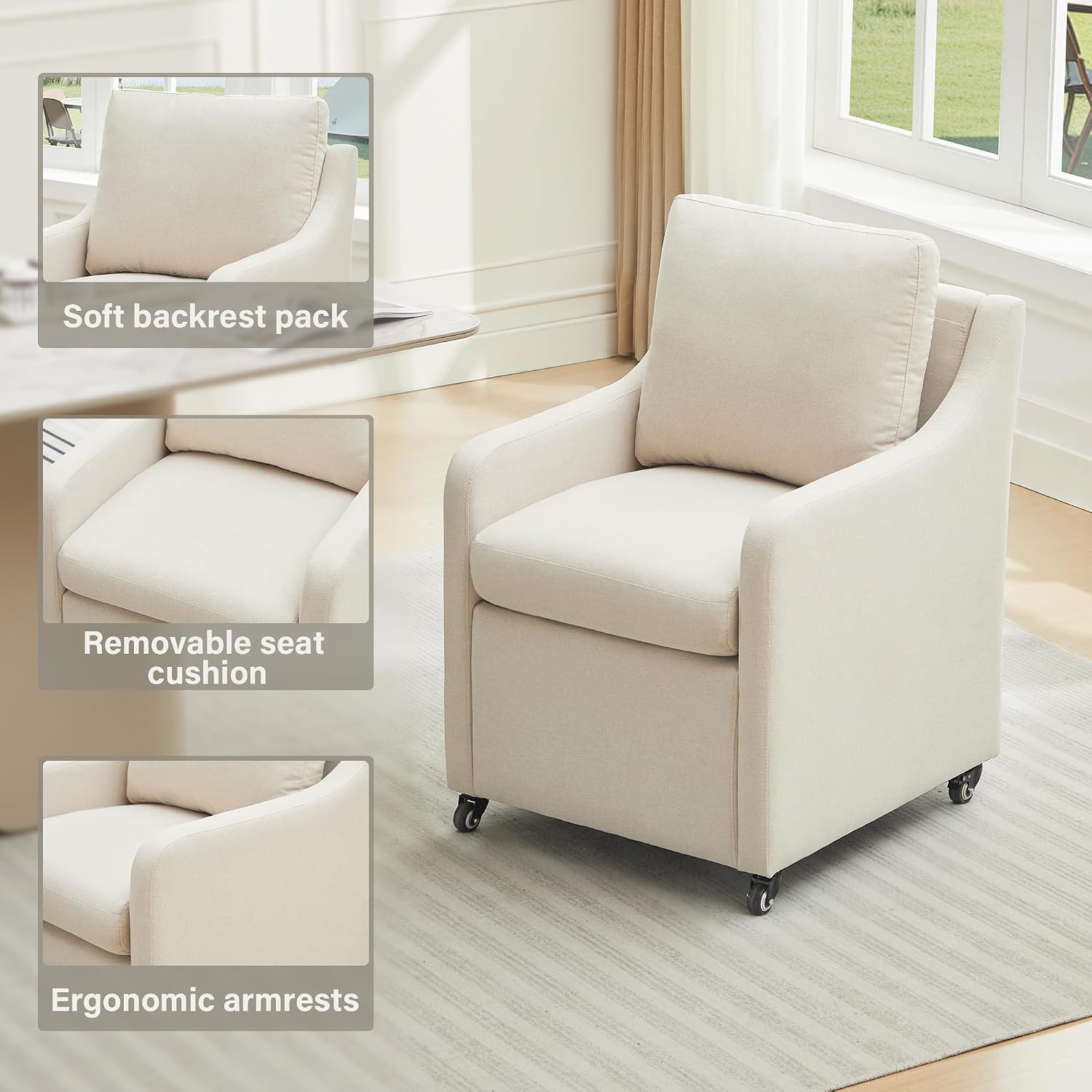 Rolled Dining Chair with Casters, Upholstered Modern Rolling Armchair with Wheels for Kitchen (1, Fabric Beige)