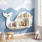 GLACER Wall Mounted Kids Bookshelf, Whale-Shaped Floating Bookshelf with 6 Open Shelves & 2 Tier Floating Wall Shelf, Wooden Nursery Bookshelf for Kid’s Room Bedroom Living Room Reading Corner