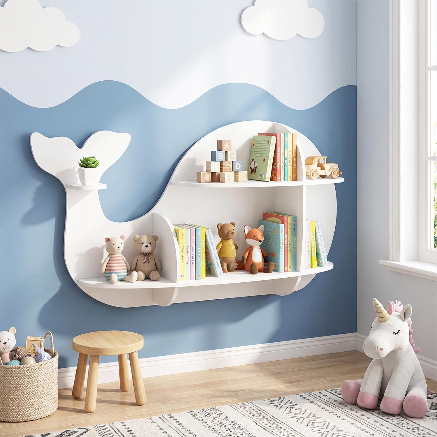 GLACER Wall Mounted Kids Bookshelf, Whale-Shaped Floating Bookshelf with 6 Open Shelves & 2 Tier Floating Wall Shelf, Wooden Nursery Bookshelf for Kid’s Room Bedroom Living Room Reading Corner
