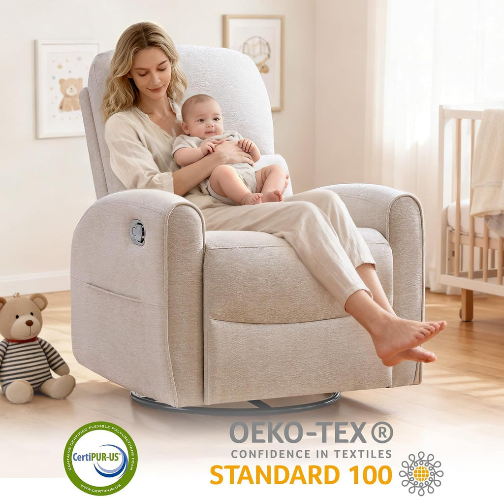 Swivel Rocker Recliner, Manual Swivel Glider Nursery Recliner Chair with Adjustable Headrest and Lumbar Support, Rocking Recling Chairs for Small Space, Living Room, Bedroom, Chenille Camel