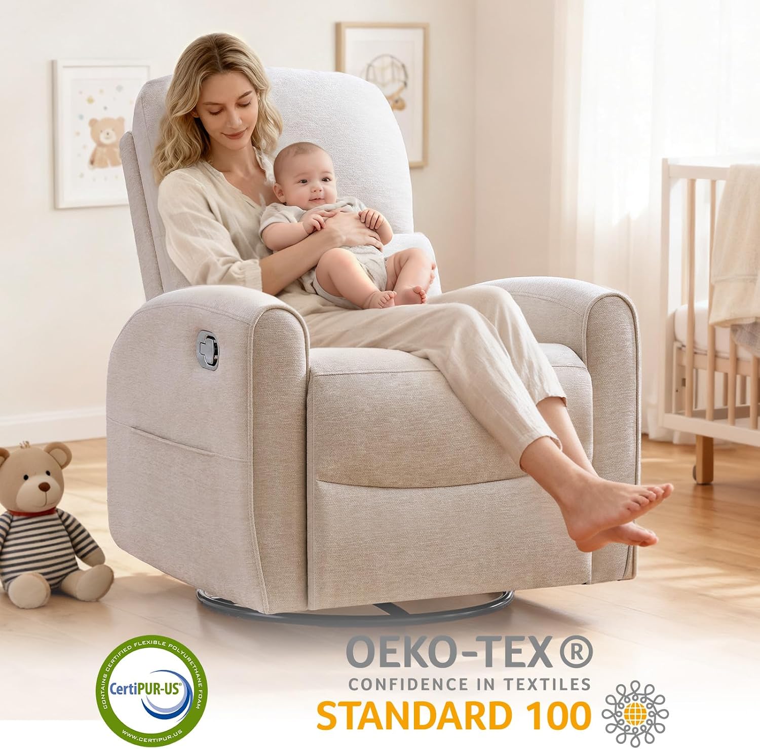 Swivel Rocker Recliner, Manual Swivel Glider Nursery Recliner Chair with Adjustable Headrest and Lumbar Support, Rocking Recling Chairs for Small Space, Living Room, Bedroom, Chenille Camel