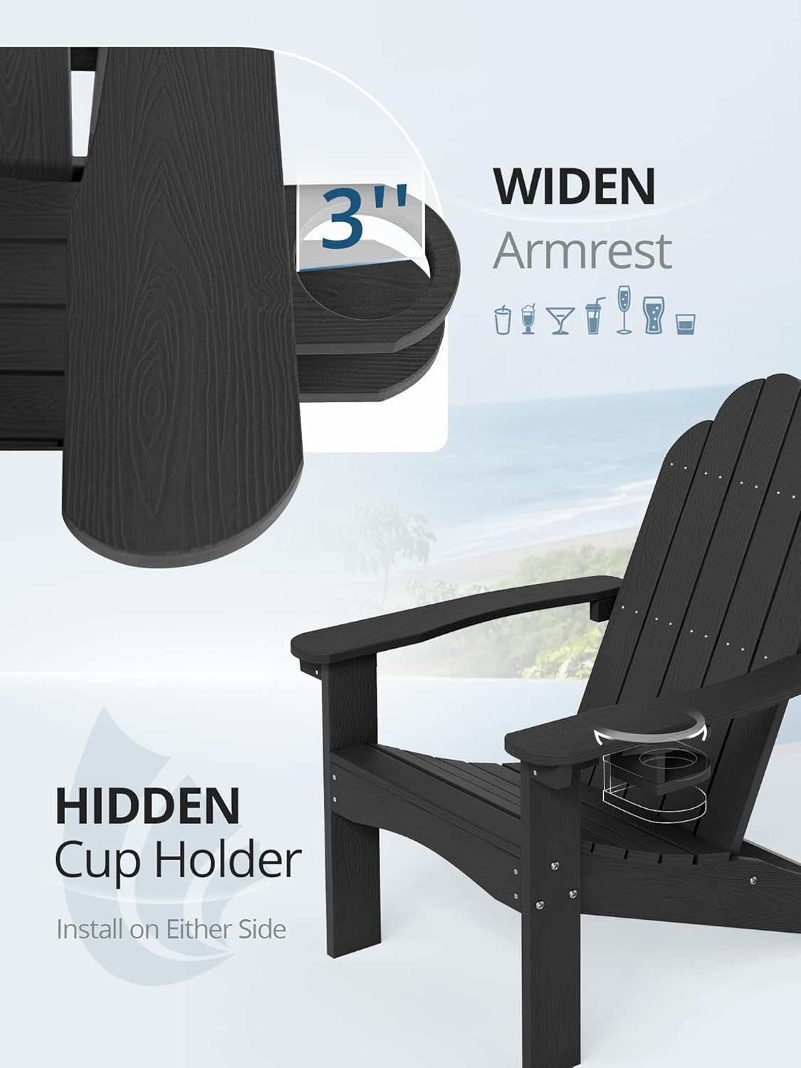 LUE BONA HDPE Adirondack Chairs Set of 4 - Weather Resistant Seating with Cup Holder for Patio, Fire Pit, Deck & Resort Garden, Black