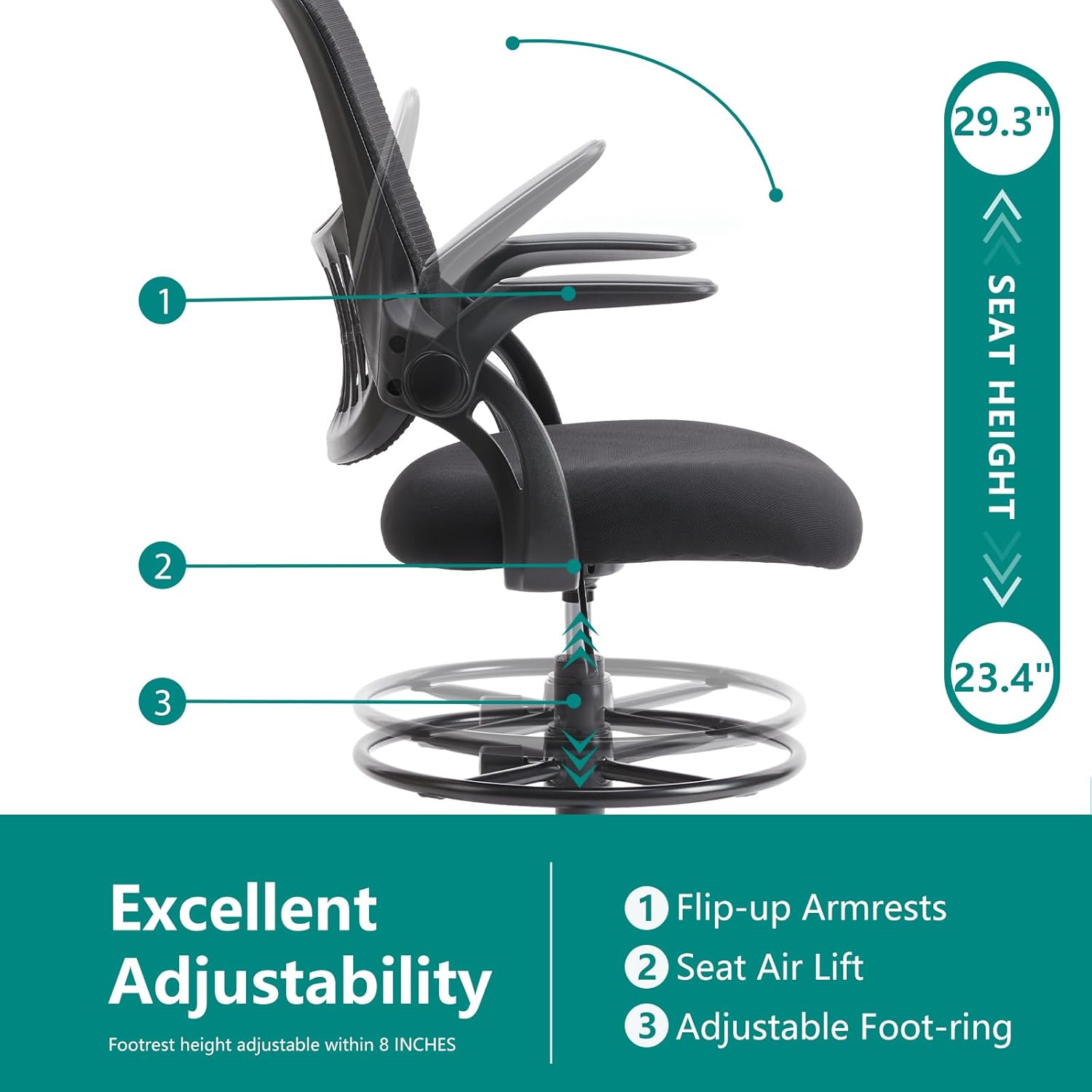 DUMOS Drafting Chair for Standing Desk, Counter Height Adjustable, Flip-up Arms, Ergonomic Mid Back Mesh Rolling Work 360° Swivel Office Computer Chairs with Wheels, for Bedroom Livingroom, Ink