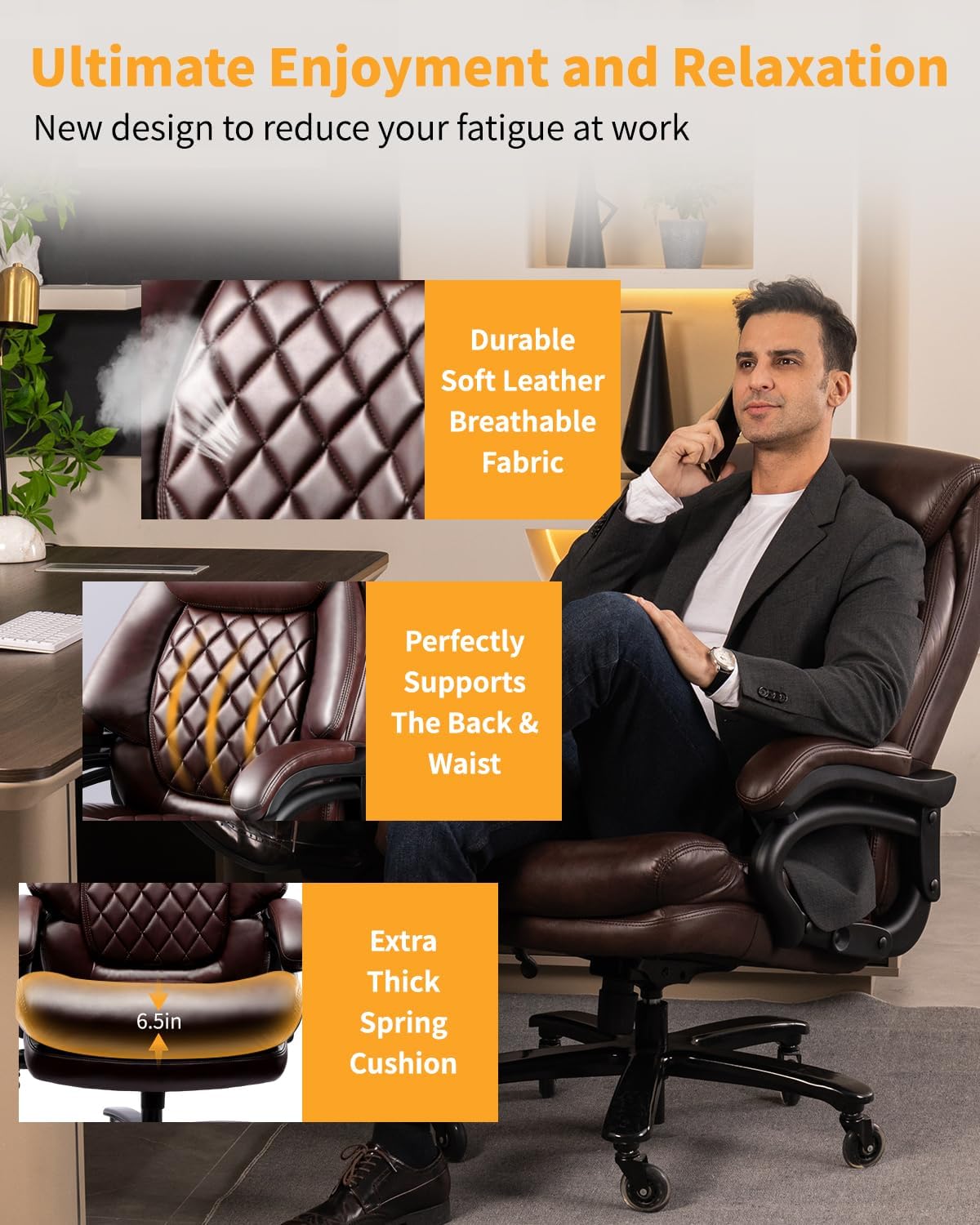 Big and Tall Executive Office Chair with Adjustable Lumbar Support, Extra Wide Seat, Heavy Duty Computer Desk Chair for Long Working Hours, Gaming & Home Office, Quiet Rolling Wheels