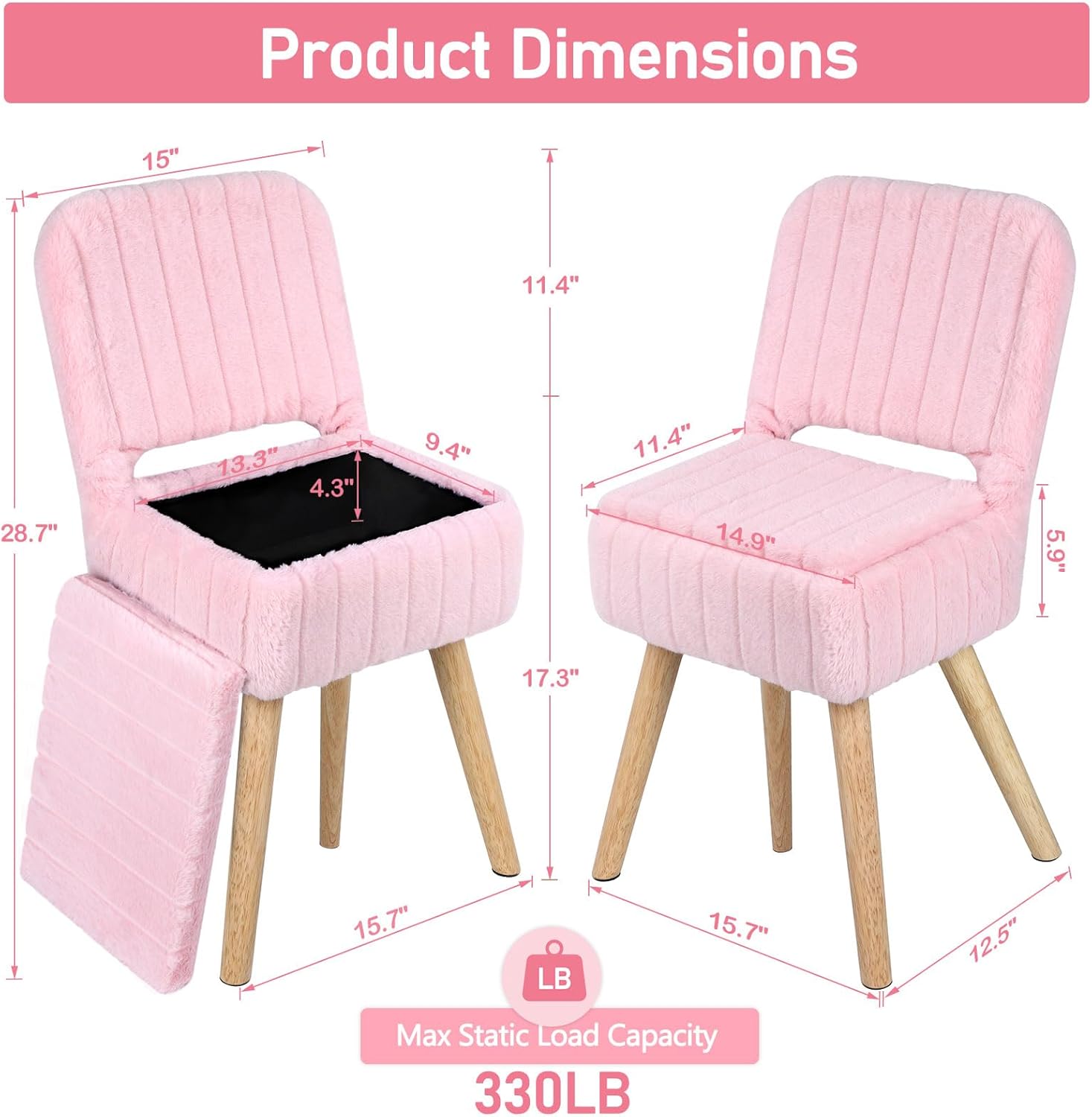 Vanity Stool Chair with Storage & Folding Back, Faux Rabbit Fur Soft Padded Seat Ottoman, 4 Solid Wood Legs Anti-Slip Feet, Small Stool for Vanity Desk for Makeuproom, Bedroom 15.7”x12.5”x28.7”（Pink）