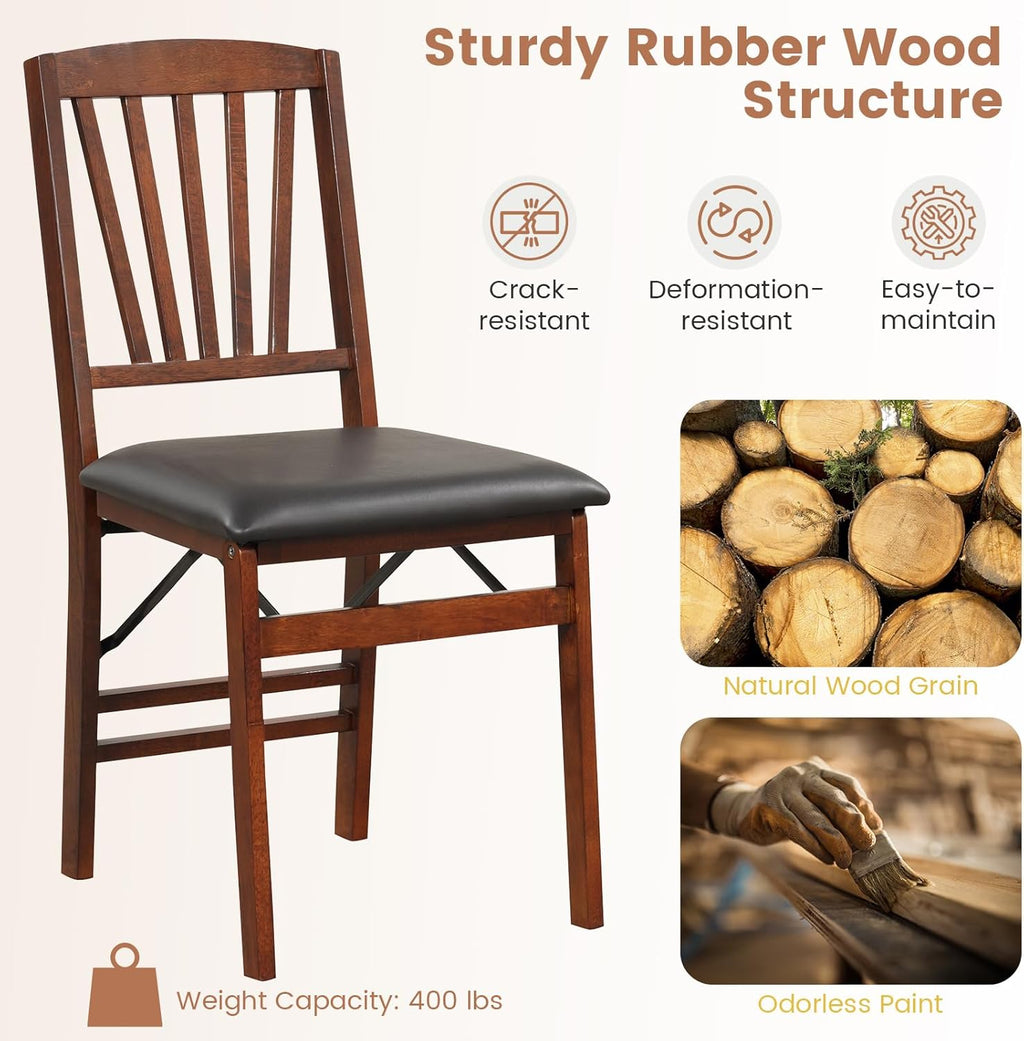 Wooden Folding Chairs Set of 4, Foldable Wood Chairs with Padded Seats, Solid Wood Frame, 400 lbs Weight Capacity, Space Saving Dining Chairs for Small Space, Guests Kitchen (4, Slatted Back)