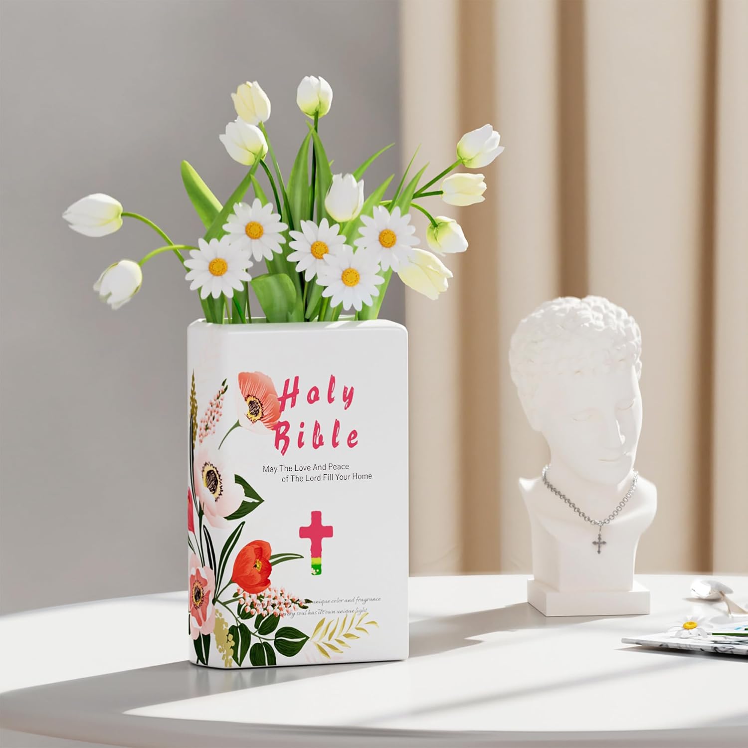 Holy Bible Book Vase, Cute Unique Ceramic Flower Vase - Pink Home Office Desk Accessories Decor, Prayer Room Bookshelf Decorations - Book Lovers Gifts, Religious or Christian Gifts for Women Mom