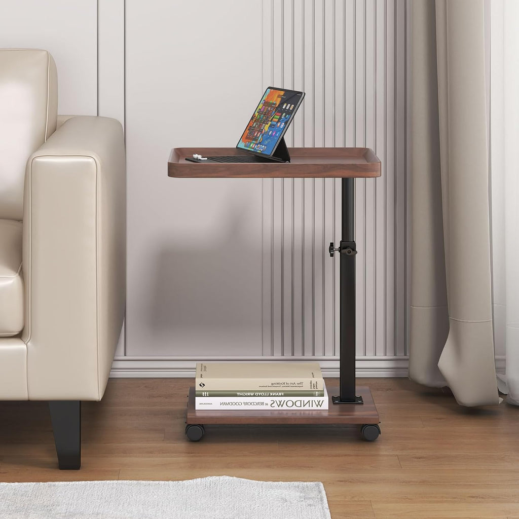 C Shaped Side Table with Wheels, Adjustable Height C Shaped End Table for Couch, 360°Swivel Side Tables that Slide Under, Rolling Small Coffee C Table End Table for Sofa/Bed/Bathtub (Brown)