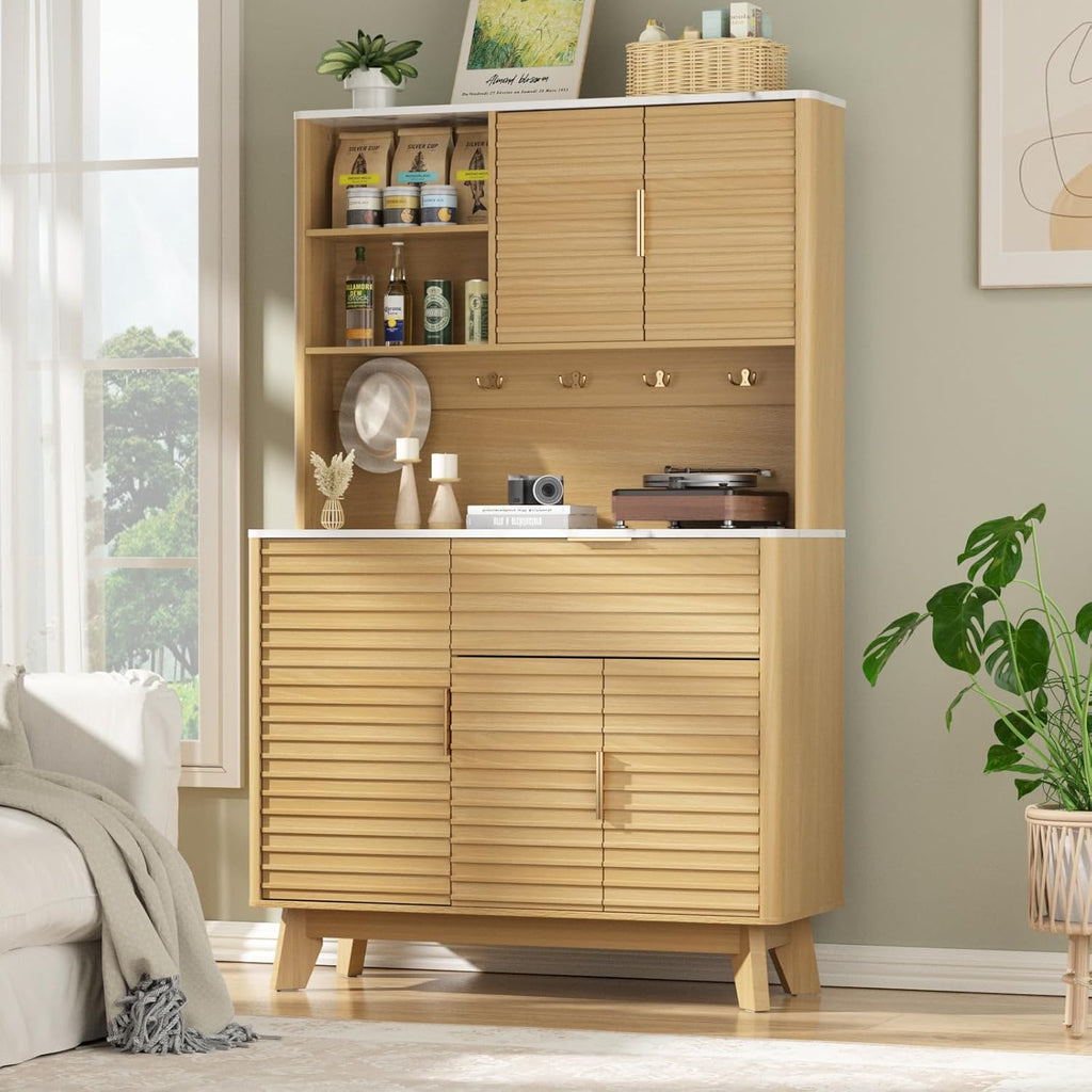 FiveWillowise Kitchen Pantry Cabinet with 4 Charging Stations, Fluted Kitchen Hutch with Large Countertop, Drawers & Shelves for Living Room, Dining Room, Modern, Natural