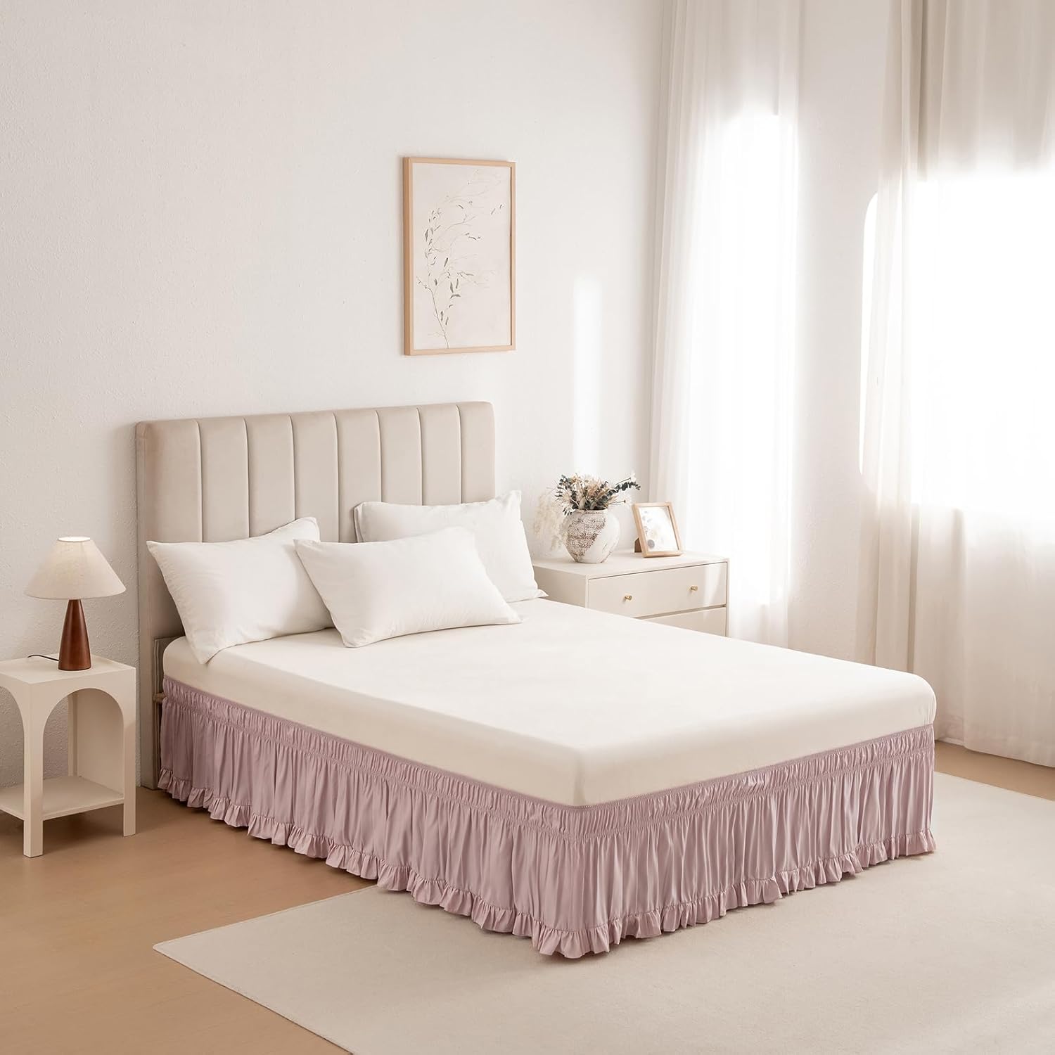 vctops Wrap Around Bed Skirt with 15 Inch Drop, Adjustable Elastic Dust Ruffled Bedding Skirt Fade Resistant Bedskirt, Easy to Install (Dusty Pink, Queen)