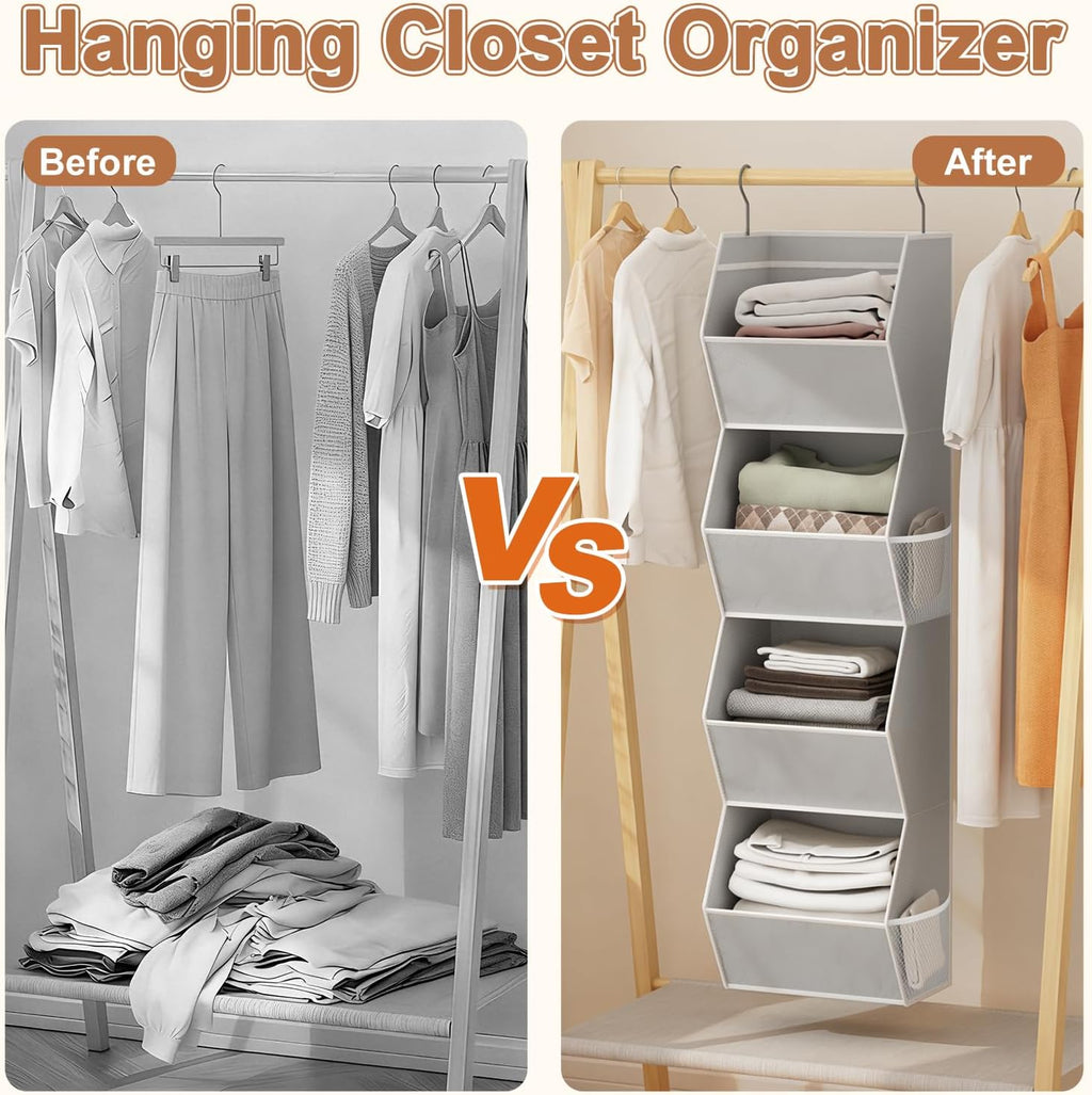 Wawocs 4 Shelf Hanging Closet Organizers and Storage for Kids 2 Packs, Grey | Hanging Shelves for Closet Organization, Hanging Closet Storage for Wardrobe Organizer, Closet Hanging Organizer for Bedroom