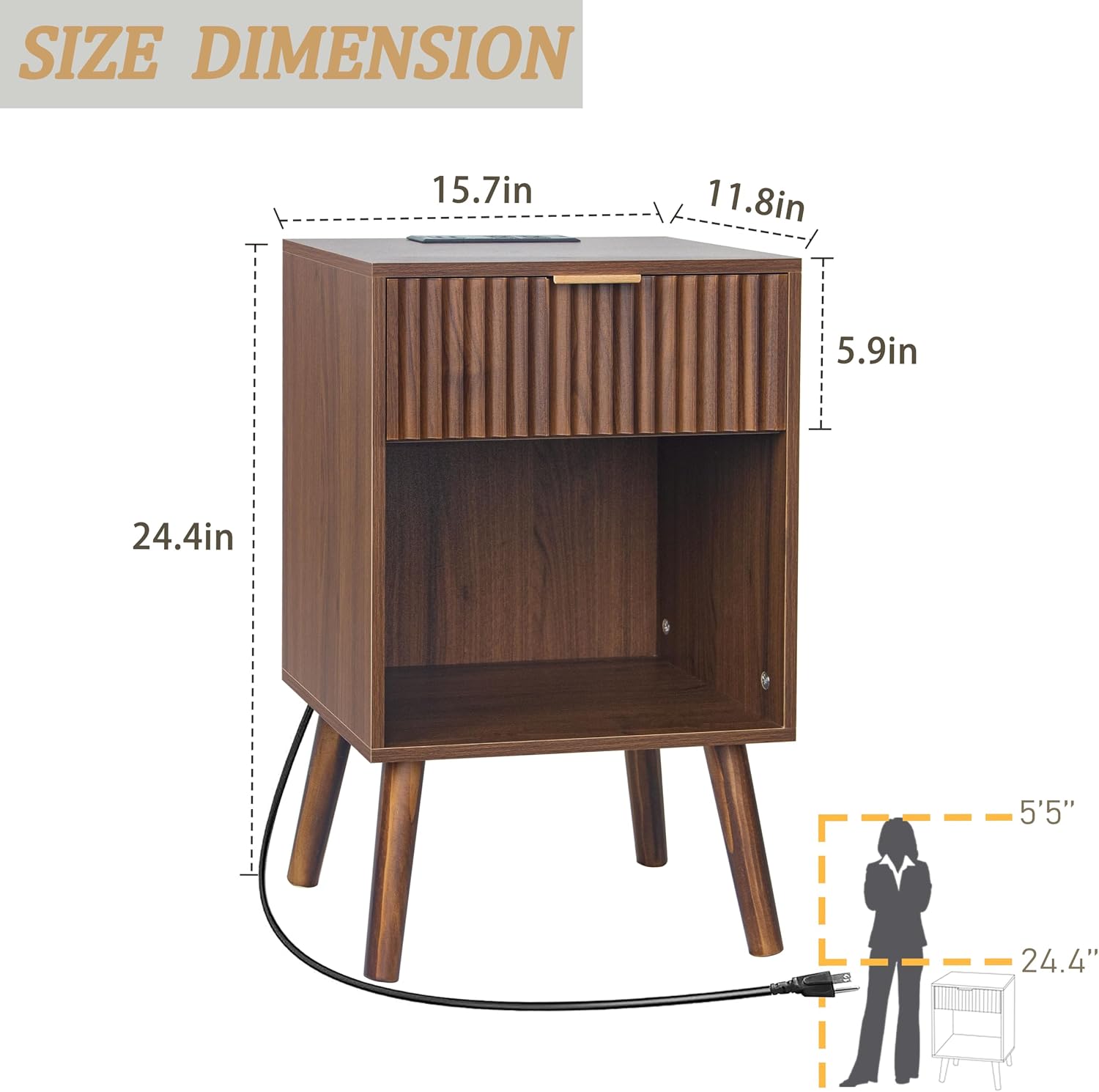 Fultyle Nightstand with Charging Station, Fluted Night Stand with USB and Type C Ports, Mid Century Modern Bedside Table with Drawer and Storage Shelf for Bedroom, Living Room, Office (Walnut Brown)