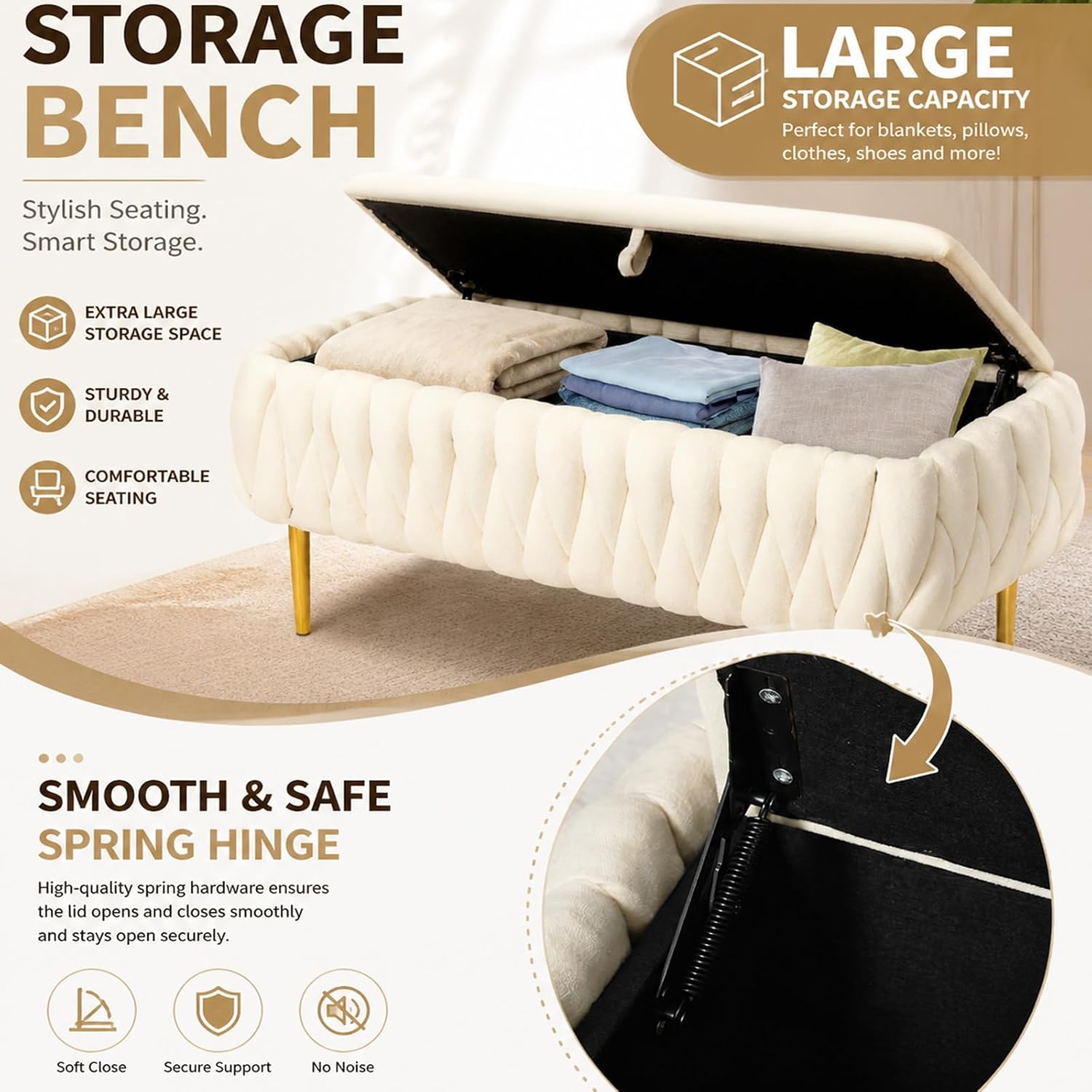 Bench for Entryway 41.3", Bedroom Benches for Foot of Bed, Ottoman with Storage for Bedroom, Upholstered Rectangular Ottoman for Living Room, Entryway, Holds up to 450 lb (White)
