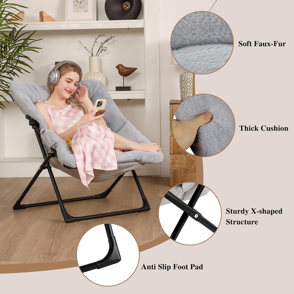 Comfy Saucer Chair for Adults, Soft Faux Fur Bedroom Chair, Accent Dorm Chairs, Flexible Living Room Reading Chairs, Oversized Folding Seat for Teens, X-Large, Grey