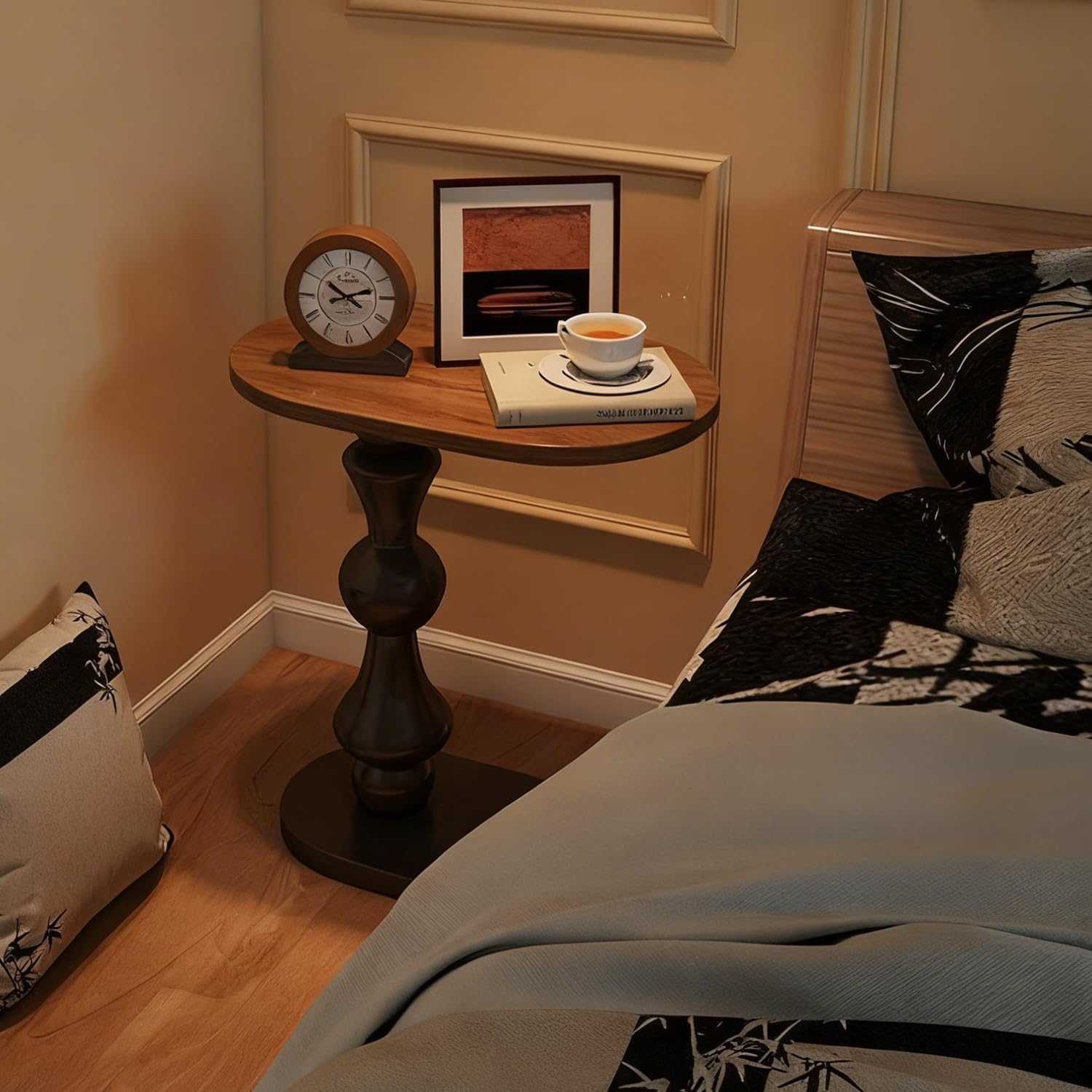 YUNMUARY-C Shaped End Table Solid Wood C Side Table for Couch Black Small Bedside Table Wood Nightstand Modern End Tables Living Room Space-Saving Small Coffees Tables Wooden Side Tables for Bedroom