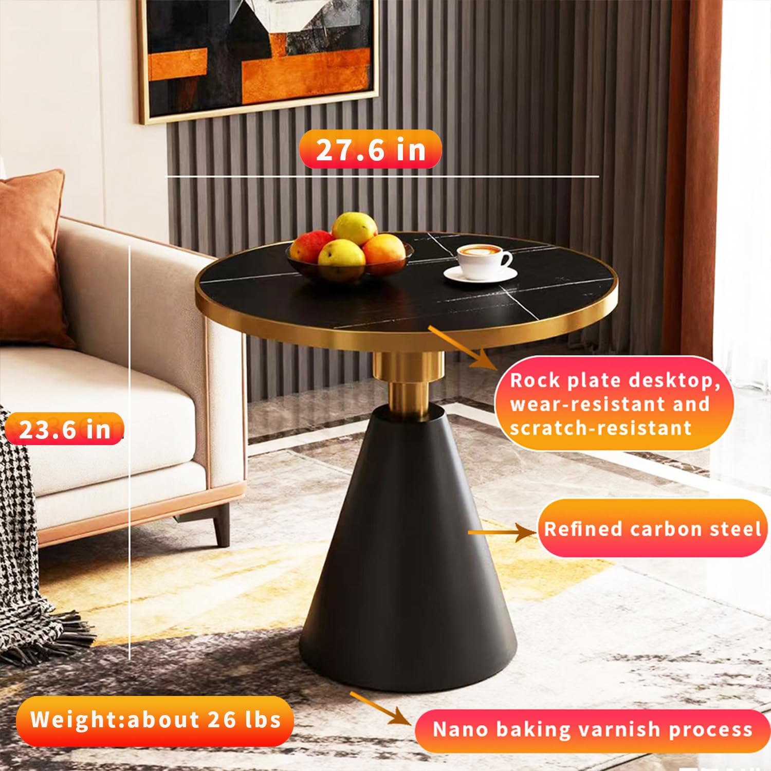 BeautyVerve Rock Plate Side Tables for Living Room, Modern Small Round Coffee Table with Like-Marble Hard Top, Metal Base, Outdoor End Table for Patio Bedroom, Corner Desk, 27.6 Inches Diameter