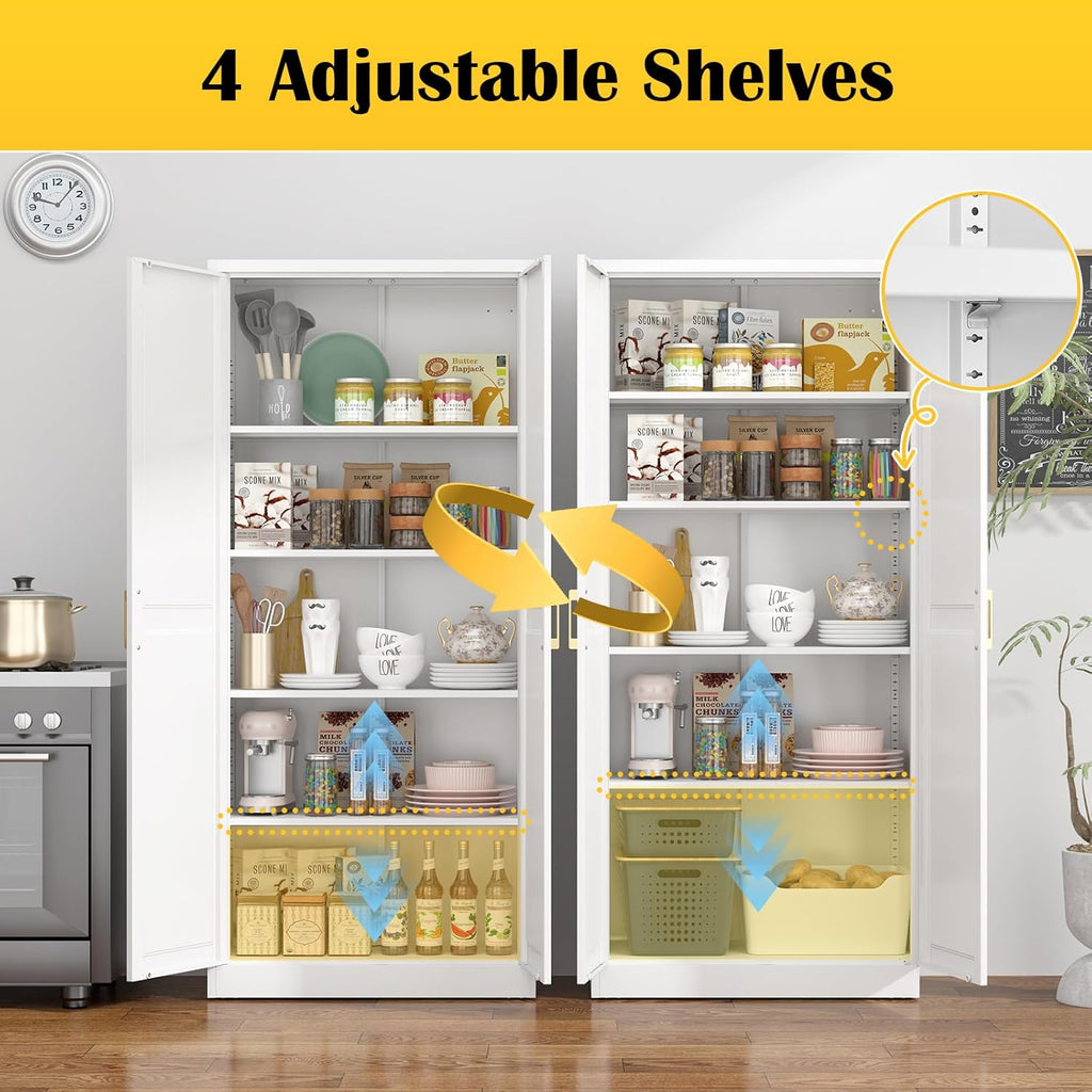 SteeLoong Kitchen Pantry Cabinet,71”White Metal Pantry Storage Cabinet with Doors and 4 Adjustable Shelves,Kitchen Cabinet with 2 Gold Handles,Tall Cabinet for Livingroom,Pantry, Bathroom,Kitchen