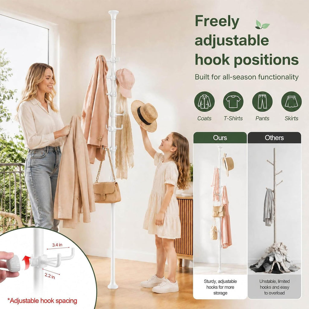 Coat Rack Freestanding, 56 to 125 inch Adjustable Tension Rod Coat Tree with 12 Hooks for Hanging Plant,Coat, Jacket, Hat, Scarf, Suitable for Living Room, Balcony, Kitchen White