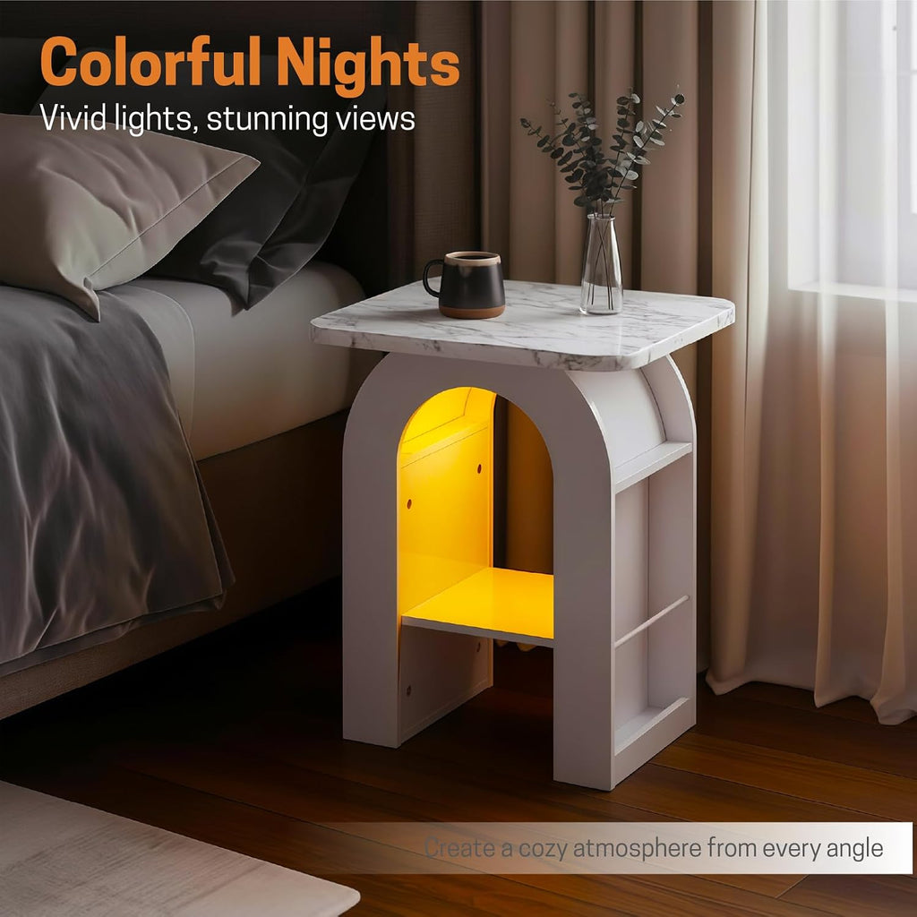 Furnaza End Table Set of 2,Marble Top Beside Table with LED Stip,Nightstand Set for Living Room, Dining Room, Office
