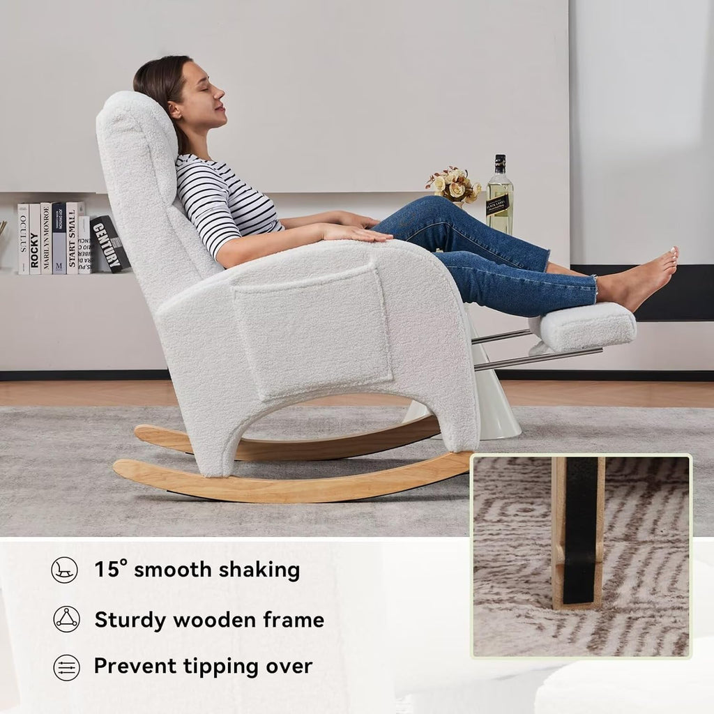 FOXHUNTER Rocking Chair Nursery, Modern Glider Chair with Adjustable Footrest and Solid Wood Legs, High Backrest Nursery Chair with Side Pocket, Rocker Armchair for Living Room Bedroom, Teddy Ivory