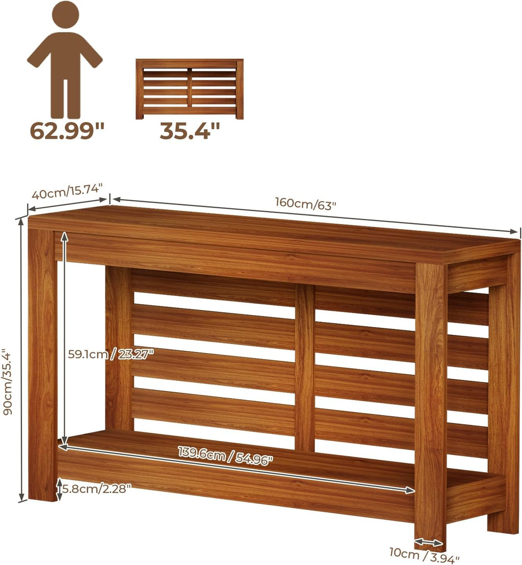Bigbiglife 63 Inch Grille Console Table, Rustic Farmhouse Wood Sofa Table with 2-Tier Storage Shelf, Narrow Entryway Table with Anti-Tip Design, Accent Table for Living Room, Hallway, Foyer, Brown