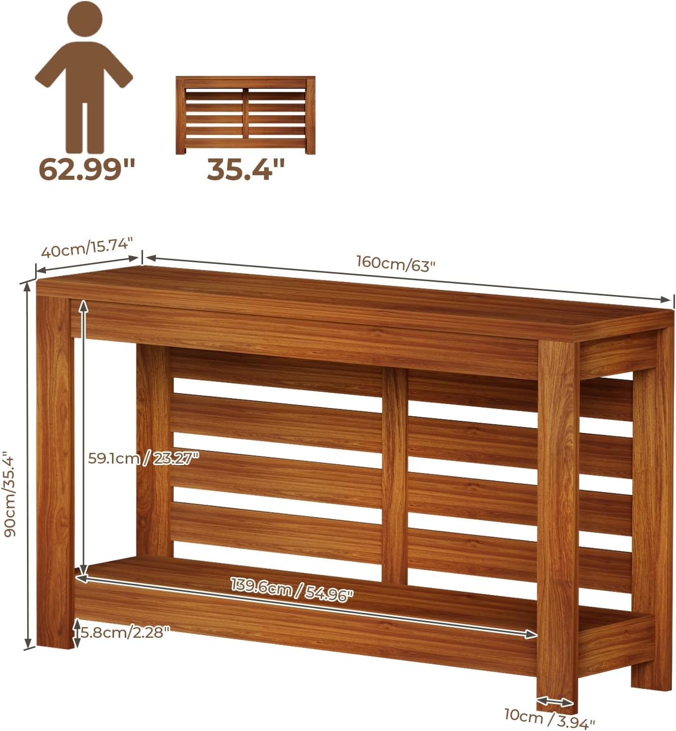 Bigbiglife 63 Inch Grille Console Table, Rustic Farmhouse Wood Sofa Table with 2-Tier Storage Shelf, Narrow Entryway Table with Anti-Tip Design, Accent Table for Living Room, Hallway, Foyer, Brown