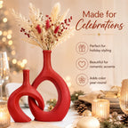 Dark Red Unique Hollow Bud Vases Set of 2,Modern Snuggle and Huging Style Ceramic Vase for Pampas Grass,Living Room Decorations for Fireplace,Coffee Table Centerpiece,Mantle,Bookshelf Decor
