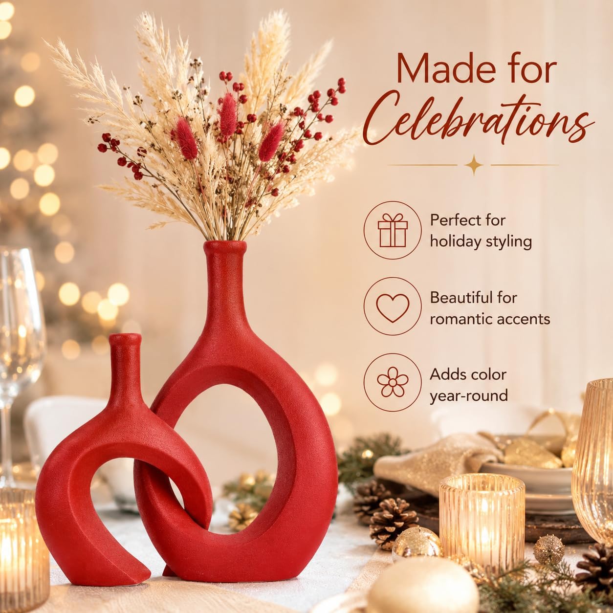 Dark Red Unique Hollow Bud Vases Set of 2,Modern Snuggle and Huging Style Ceramic Vase for Pampas Grass,Living Room Decorations for Fireplace,Coffee Table Centerpiece,Mantle,Bookshelf Decor