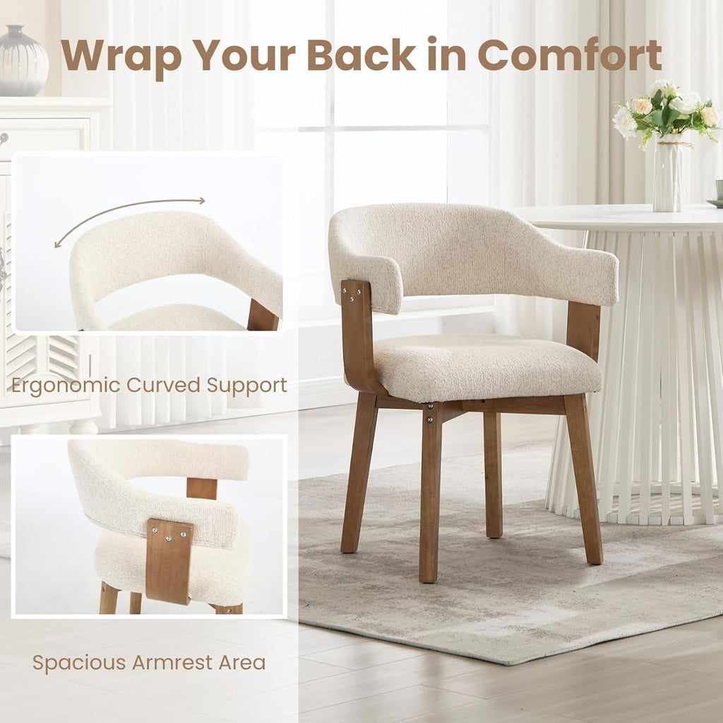 ROCITY Modern Dining Chairs Set of 4 Beige Upholstered Dining Room Chairs, Farmhouse Kitchen Chairs with Curved Backrest and Wooden Legs for Dining,Living Room