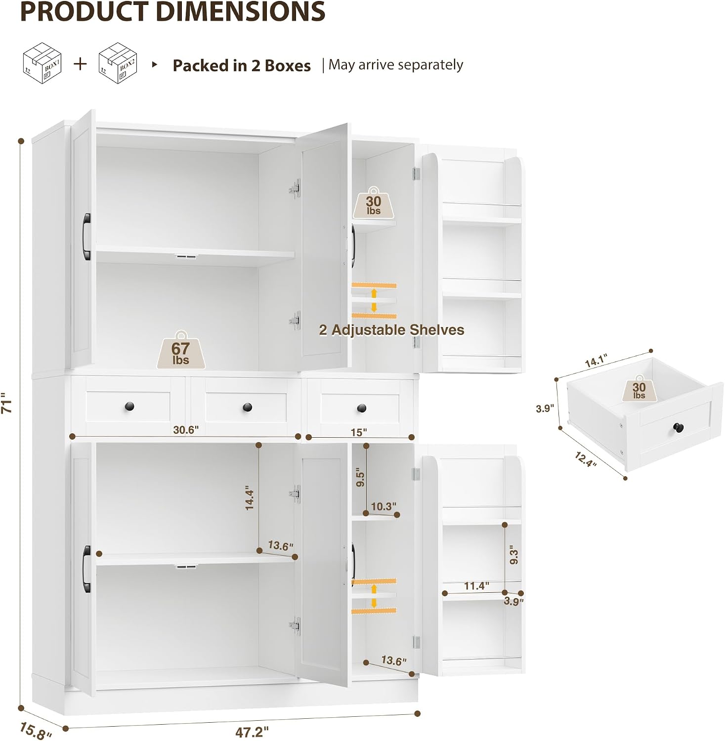 HITHOS 71" Tall Kitchen Pantry Storage Cabinet w/Drawers & Shelves, White | 47"W Kitchen Pantry Cabinet with Swing Out Doors, Large Wood Storage Cabinet, Modern Deep Food Pantry, Living Room
