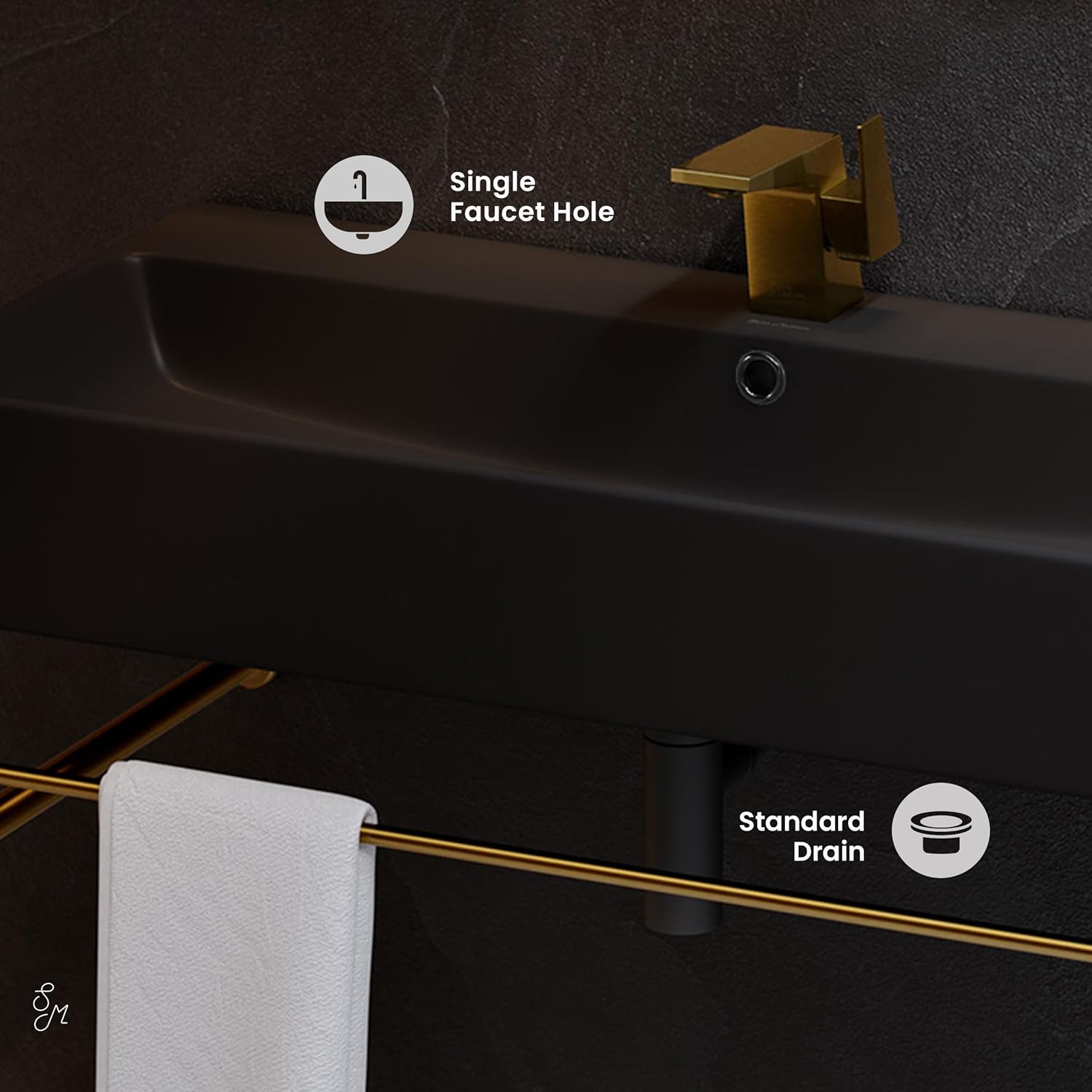 Carre 36" Ceramic Console Sink Matte Black Basin Brushed Gold Legs