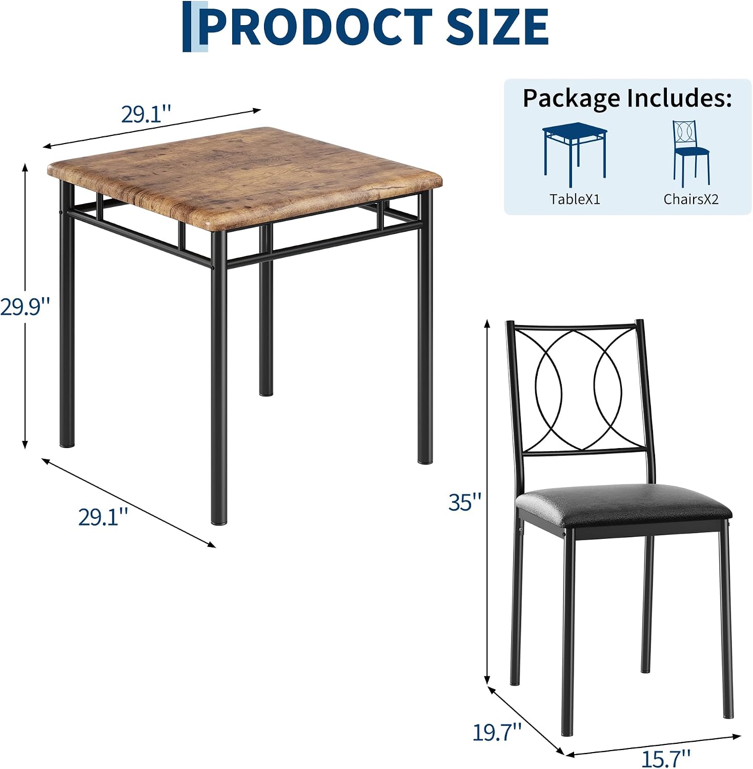 IDEALHOUSE Space-Saving Dining Table Set for 2 – 3-Piece Farmhouse Wooden Table & Upholstered Chairs – Easy to Clean, Ideal for Apartments & Breakfast Nooks – Compact Dining Furniture – Vintage Color