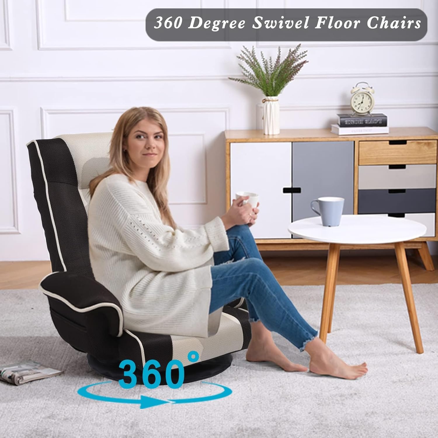 360° Swivel Floor Chair with Armrests, 14-Position Adjustable Floor Lounger for Adults, Foldable Reclining Chair for Living Room & Bedroom