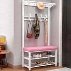 Coat Rack Hall Tree with Shoe Bench for Entryway, Metal Coat Stand with Hooks Clothes Hat Rack Shelf Metal Frame for Bedroom Living Room Hallway,White-24in