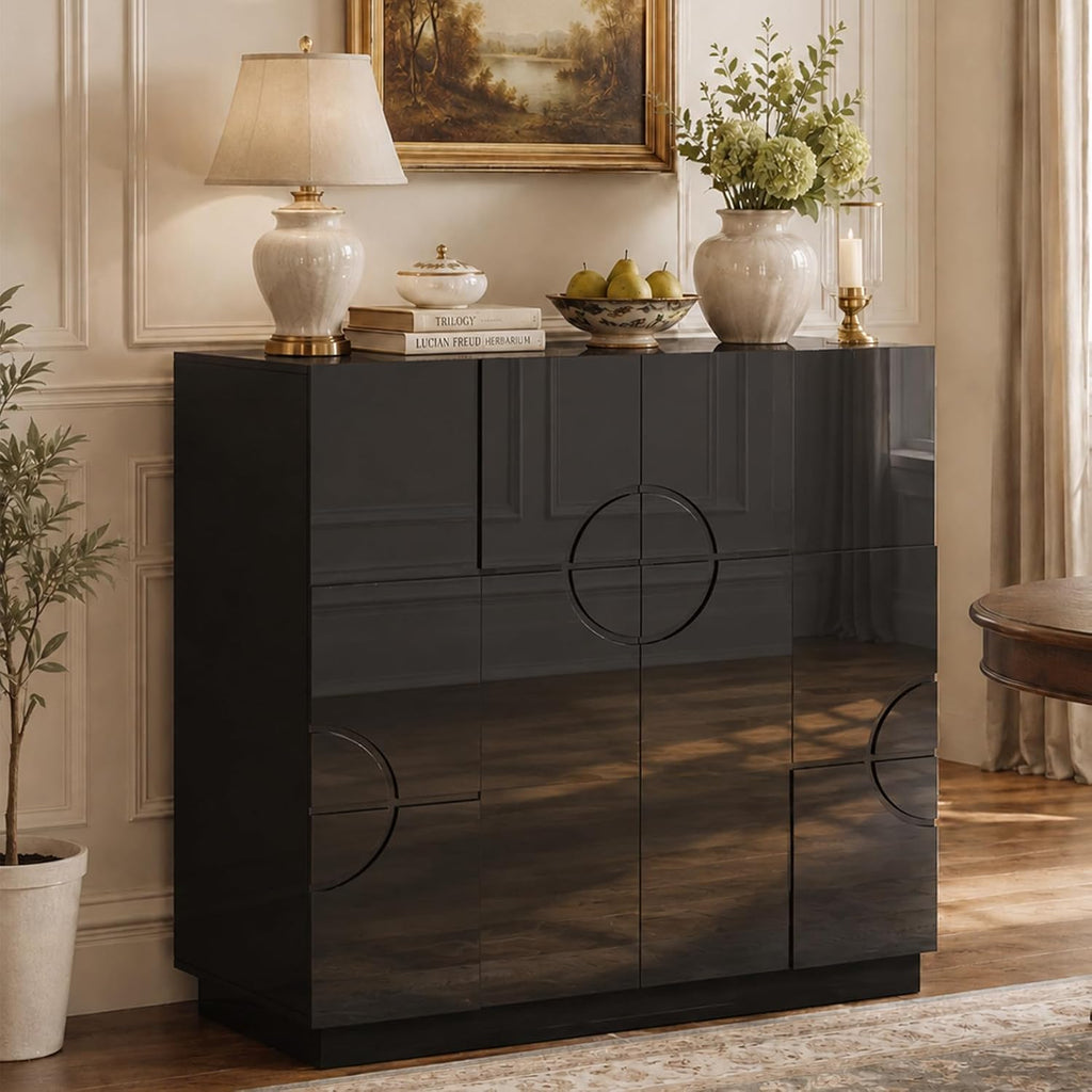 LVSOMT Sideboard Buffet Cabinet with Storage, Modern Accent Cabinet with Doors and Adjustable Shelve, 33" Wood Coffee Bar Cabinet for Kitchen, Entryway, Living Room, High Gloss Black