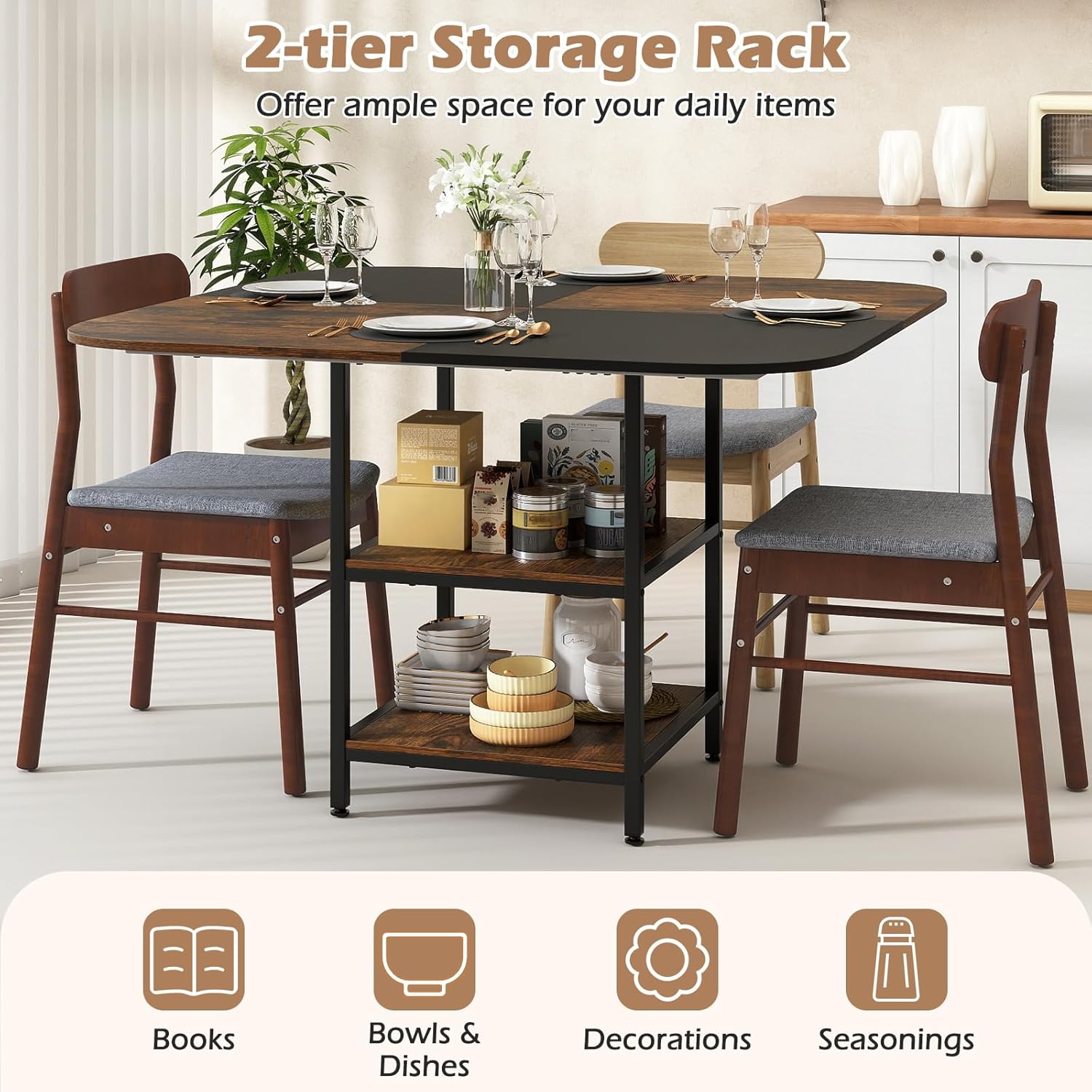 Giantex 47.5-inches Dining Table for 4, Square Kitchen Table with 2-Layer Storage Rack, Mix-Colored Tabletop, Adjustable Foot Pads, Wooden Dinner Tables for Dinette, Living Room, Restaurant
