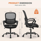 Sweetcrispy Home Office Managerial Executive Chair with Ergonomic Design, Mid-Back Mesh 360° Swivel, Comfortable Lumbar Support, Comfy Arms for Bedroom,Study,Student, Black