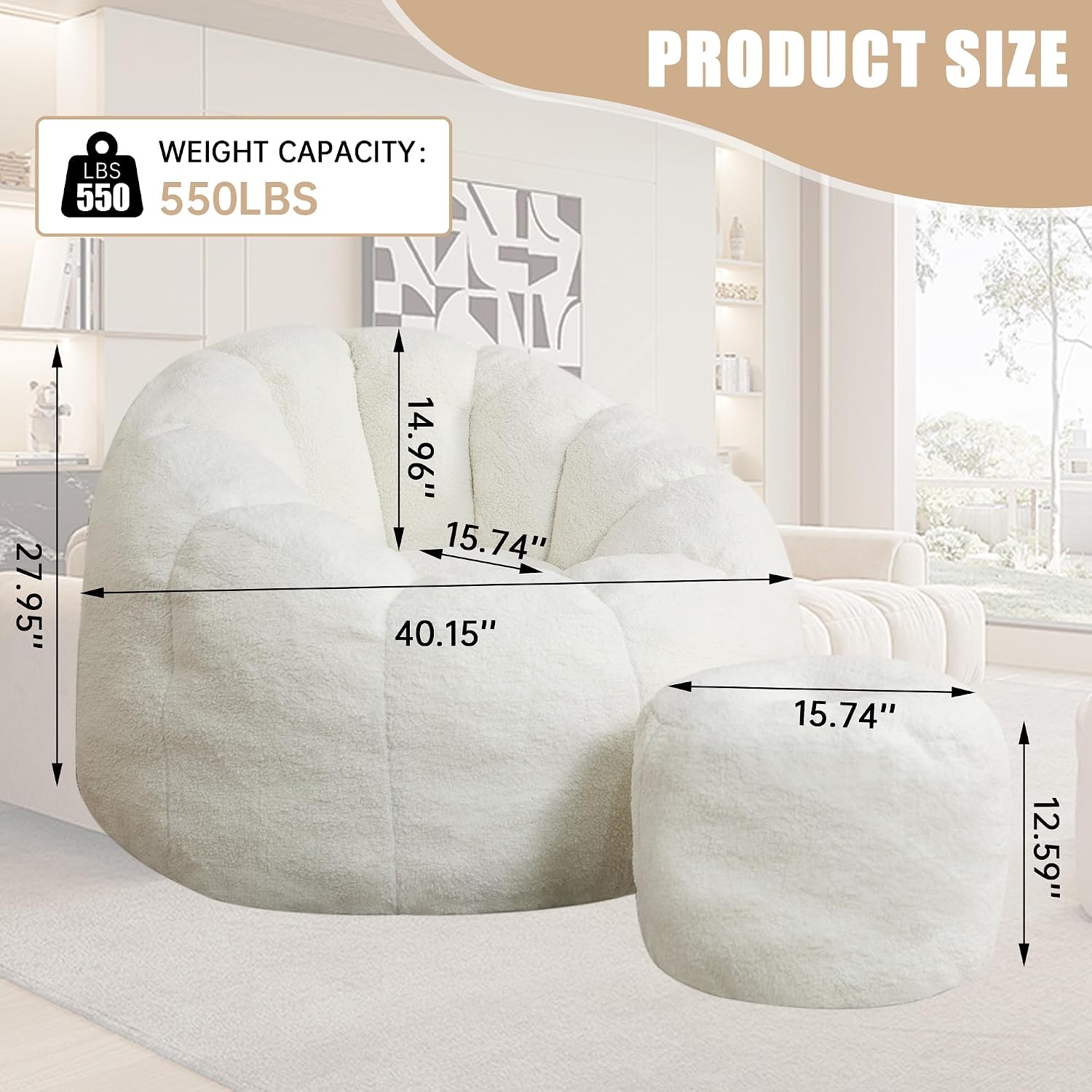Bean Bag Chair for Adults, Gaint Beanbag Chair with Ottoman, Comfy Lazy Bean Bag Reading Chair for Living Room, Bedroom, White