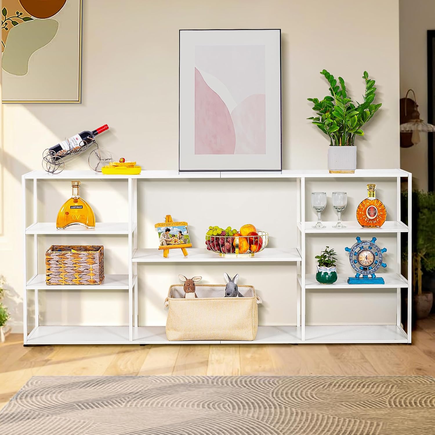 71 Inch Metal Console Table with 8 Storage Shelves,Extra Long Entryway Table,Narrow Sofa Table,Hallway Table for Entrances to Corridor, Foyer,Living Room (White, 70.87×11.81×31.5in)
