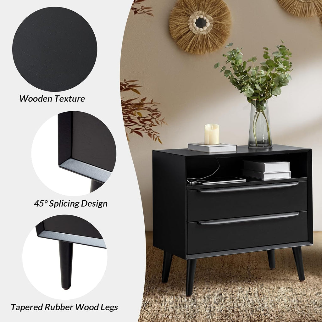 Mid-Century Modern End Table Set of 2 with Charging Station, 2 Drawers & Open Shelf Storage, Beside Tables with Solid Wood Legs, Black