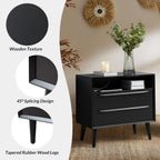 Mid-Century Modern End Table Set of 2 with Charging Station, 2 Drawers & Open Shelf Storage, Beside Tables with Solid Wood Legs, Black