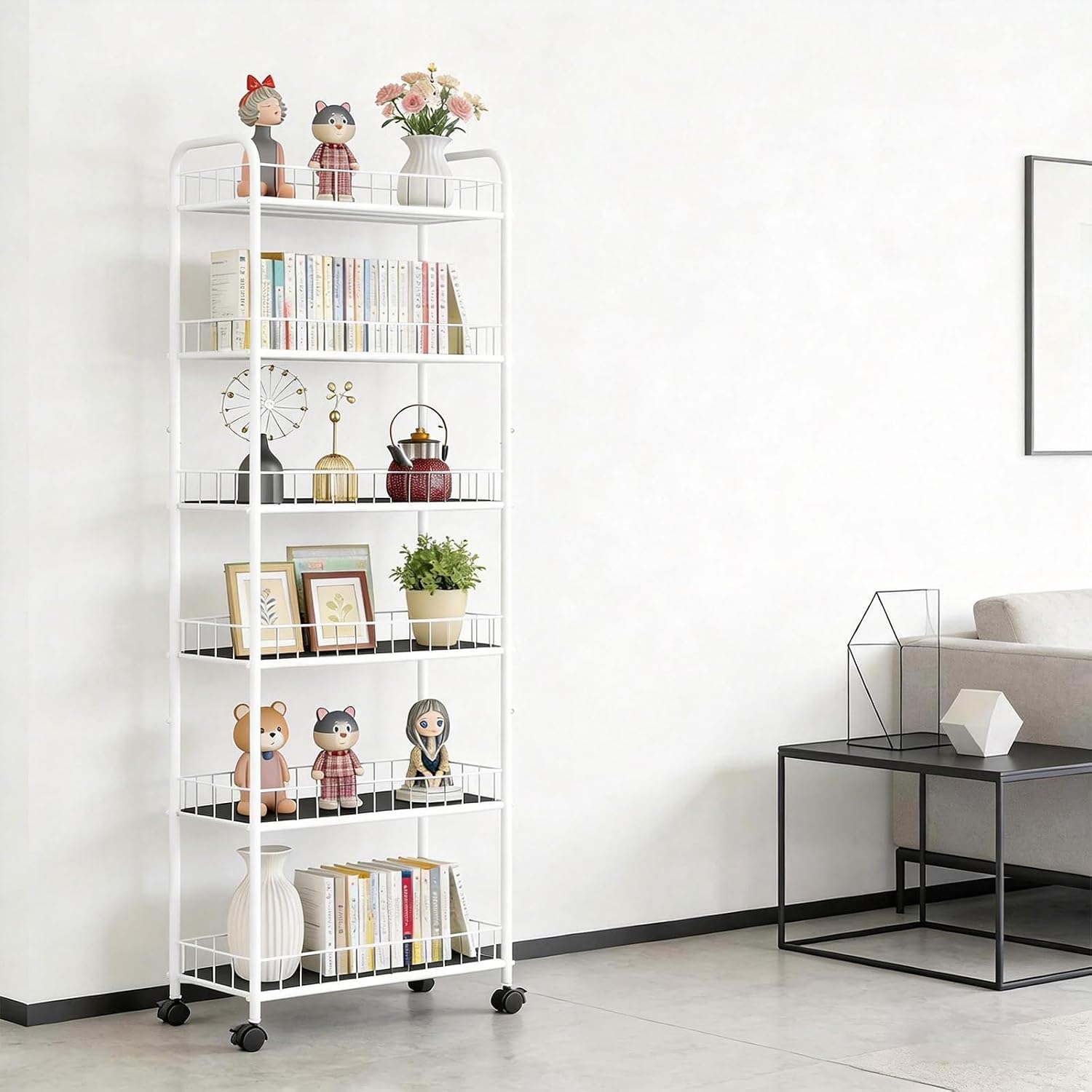 10in Slim Storage Cart, Metal 6-Tier Narrow Rolling Shelf, Sturdy Slim Storage with Hooks Ideal for Kitchen, Bathroom, and Laundry Room (10in White)