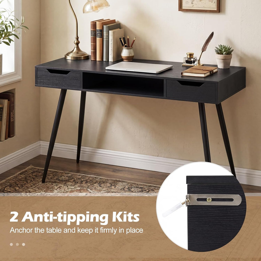 Tangkula Mid Century Modern Computer Desk, Writing Desk with 2 Drawers & Open Center Storage, Small Wooden Study Table for Home Office & Compact Spaces (Black)