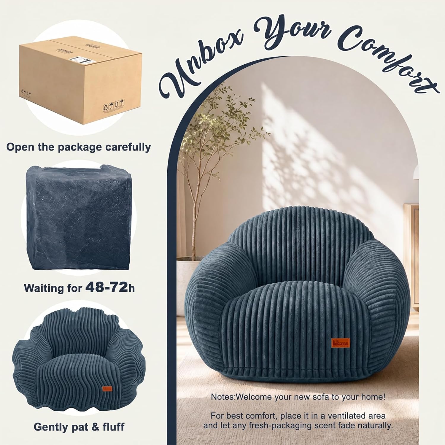 Bean Bag Chair with Armrests, Comfy Corduroy Bean Bag with Removable Cover, Handle for Adults, Oversized Floor Beanbag Couch for Living Room Bedroom Dorm (XL-Blue)