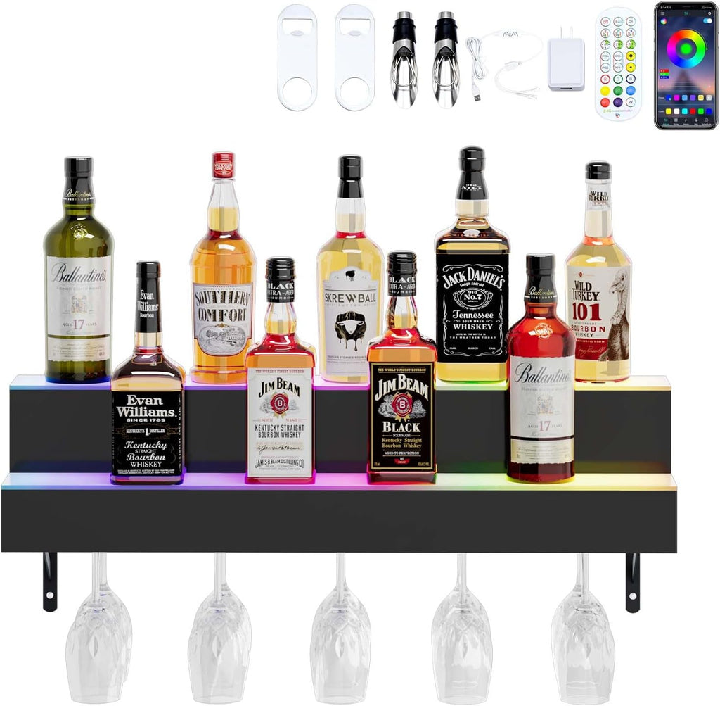 Dethan 2 Tier 32 Inch LED Lighted Liquor Bottle Display Shelf - Wall-Mounted Wine Rack with Multi-Color App & Remote Control, Adjustable Brightness & Sound Modes, Acrylic Bar Shelf for Commercial Club